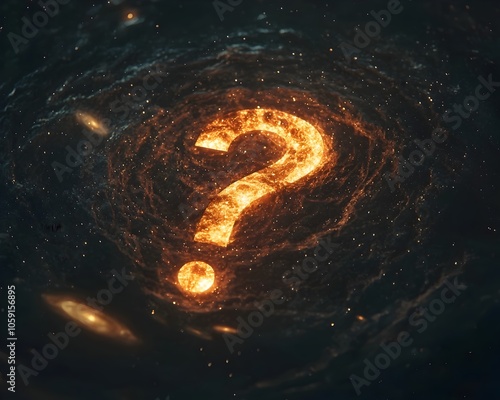 Glowing Question Mark Surrounded by Swirling Cosmic Galaxies Representing the Mystery of Life s Origin and Meaning photo