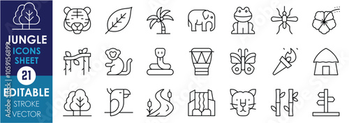 A set of line icons related to Jungle. Tiger, trees, frogs, snakes, vine, river, waterfall, bamboo, hut, tribes, and so on. Vector editable stroke.