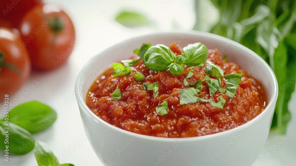 Bowl of bright red tomato sauce on a white background, with fresh basil garnish for a simple yet vibrant culinary presentation Bowl of bright red tomato sauce on a white background, with fresh basil garnish for a simple yet vibrant culinary presentation
