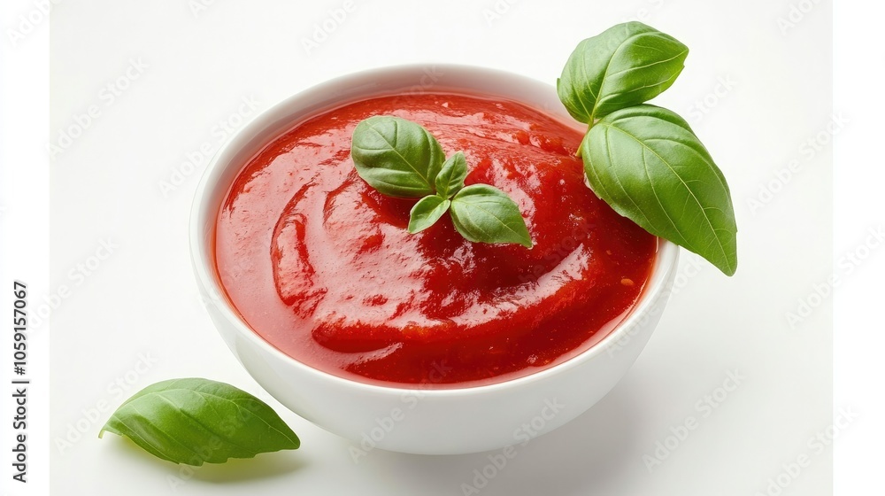 Bowl of bright red tomato sauce on a white background, with fresh basil garnish for a simple yet vibrant culinary presentation Bowl of bright red tomato sauce on a white background, with fresh basil garnish for a simple yet vibrant culinary presentation