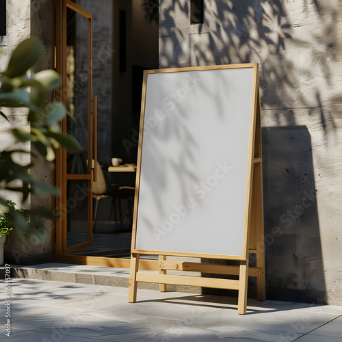 Blank advertising menu board mockup on the wooden stand at the sidewalk cafe