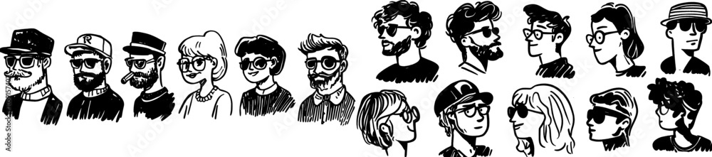 Doodle style set of people faces, with black lines and silhuettes. Social network concept. Doodle style set of people faces, with black lines and silhuettes. Social network concept.