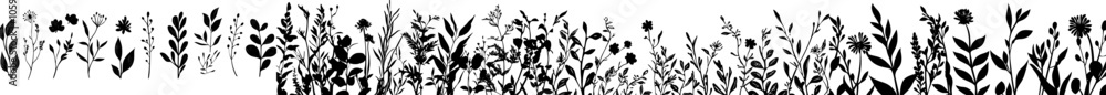 A feminine botanical floral branch drawn in silhouette style. Minimalistic flowers with elegant leaves. A feminine botanical floral branch drawn in silhouette style. Minimalistic flowers with elegant leaves.