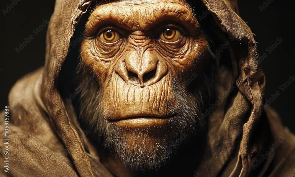 Close-up Portrait of a Chimpanzee in a Hood Close-up Portrait of a Chimpanzee in a Hood