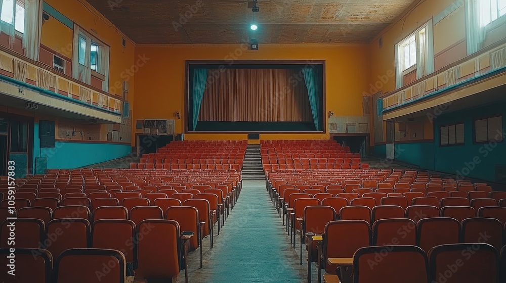 Naklejka premium Vintage Theater Interior with Empty Seats and Retro Ambiance