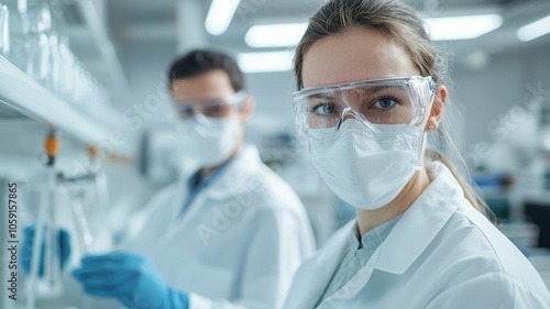 Two scientists in lab coats and protective gear conduct experiments in a modern laboratory, focusing on safety and research.