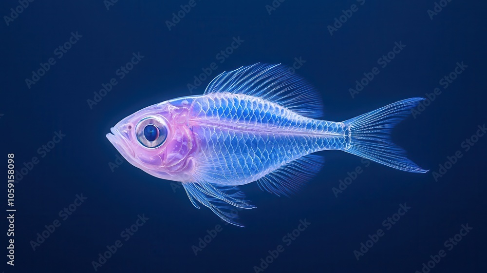 A captivating translucent fish showcasing vibrant colors against a deep blue backdrop. A captivating translucent fish showcasing vibrant colors against a deep blue backdrop.