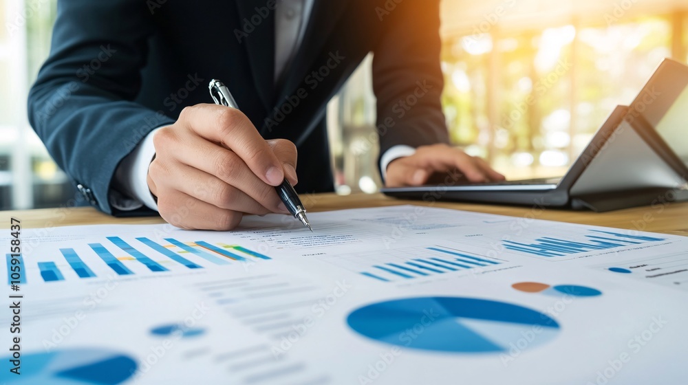A professional analyzing data charts and graphs while taking notes in a bright office setting. A professional analyzing data charts and graphs while taking notes in a bright office setting.
