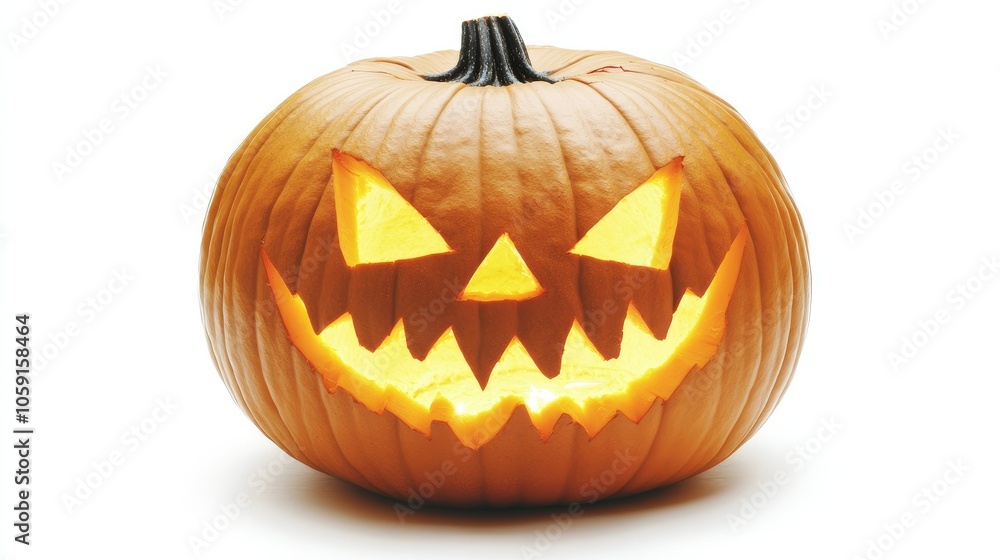 Carved jack-o'-lantern pumpkin glowing on a white background, with high contrast to emphasize the spooky face and festive spirit Carved jack-o'-lantern pumpkin glowing on a white background, with high contrast to emphasize the spooky face and festive spirit