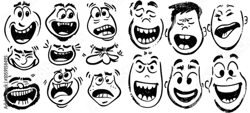 Cartoon faces with happy expressions. Laughing, crying, and crying expressions. A collection of expressive caricatures and cartoon cartoons.