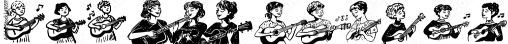 This monoline drawing shows a girl with a guitar playing romantic music, conveying emotion and harmony through harmony and harmony This monoline drawing shows a girl with a guitar playing romantic music, conveying emotion and harmony through harmony and harmony