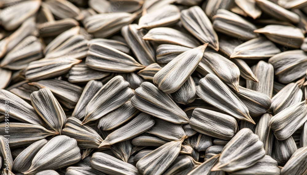 A close-up view of sunflower seeds, showcasing their striped shells, often enjoyed as snacks or used for oil extraction. A close-up view of sunflower seeds, showcasing their striped shells, often enjoyed as snacks or used for oil extraction.
