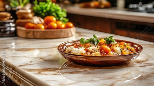 Fresh Tomato and Mozzarella Salad on Marble Kitchen Counter with Basil Garnish