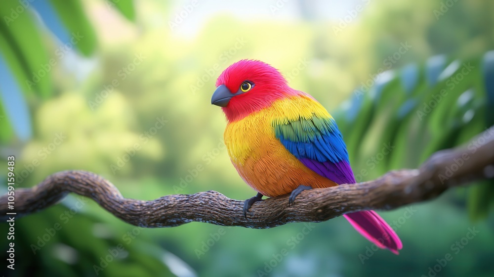 Obraz premium A vibrant, colorful bird with a rainbow of feathers perched on a branch in a lush, green environment.