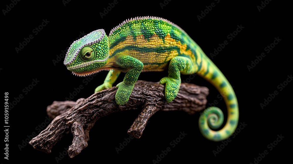 Fototapeta premium Colorful green lizard perched on a branch, showcasing its vibrant scales and striking features.