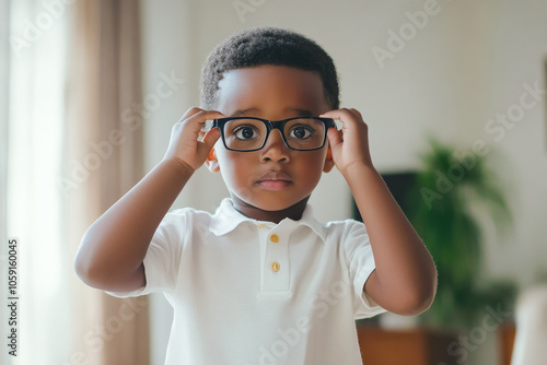 Portrait of adorable african american toddler wearing eyeglasses and adjusting them with his hands