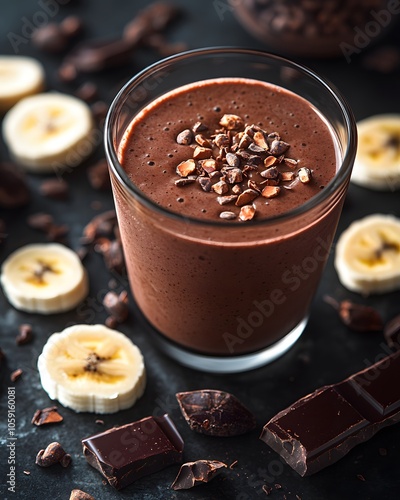 A delicious chocolate banana smoothie topped with cacao nibs, surrounded by banana slices and chocolate.