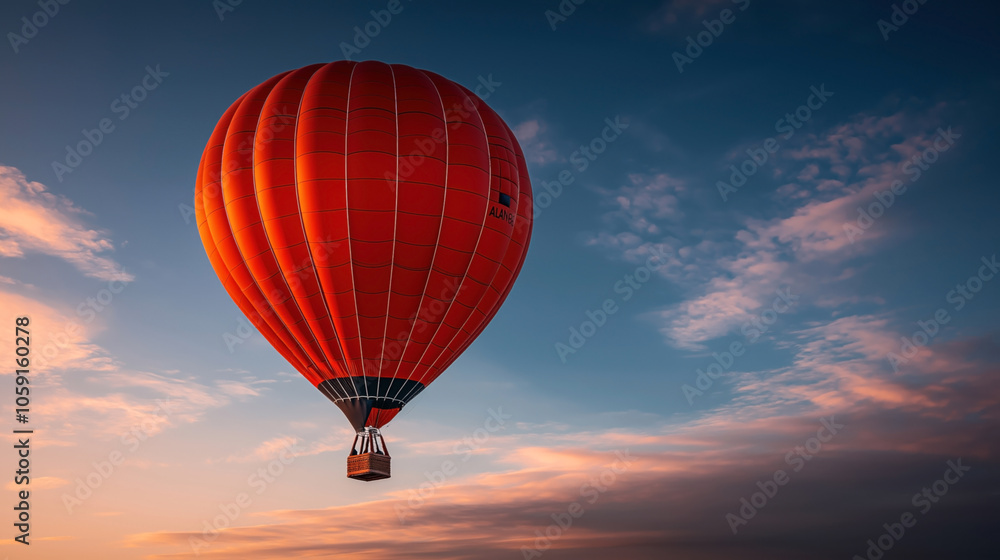 Fototapeta premium Large red hot air balloon floating in a clear sky during sunset with scattered clouds in the background.