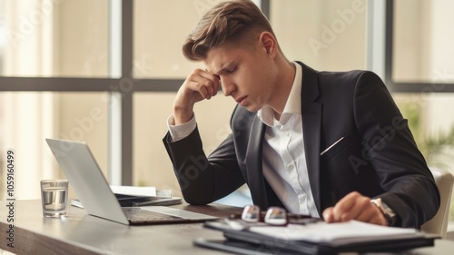 Young Man in Black Suit Looking Thoughtful at Desk