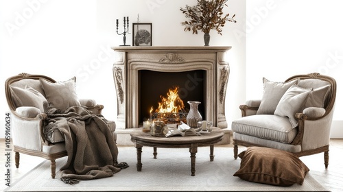 Cozy French country living room featuring a fireplace, two armchairs, and sofa, with soft textures and an elegant look on white background photo