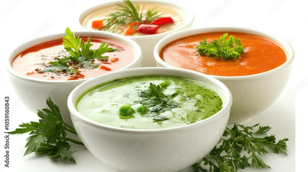 Creamy soups in green, orange, and red, arranged on white background, each with fresh garnish, for a healthy and colorful presentation Creamy soups in green, orange, and red, arranged on white background, each with fresh garnish, for a healthy and colorful presentation