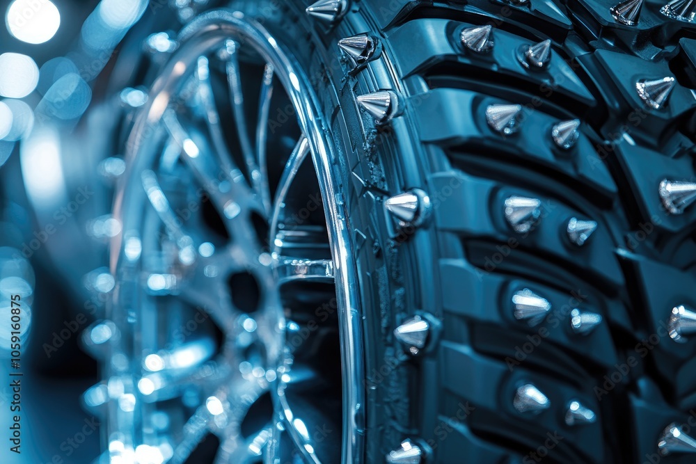 Close-Up of Spiked Racing Tire with Metallic Wheel on Display in Blue Light Close-Up of Spiked Racing Tire with Metallic Wheel on Display in Blue Light