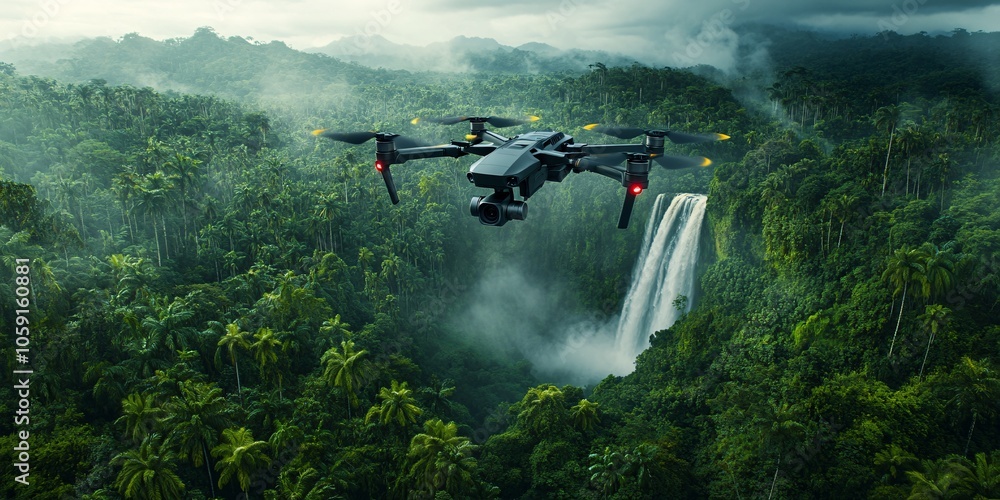 A photojournalistic-style action shot of a drone soaring through a dense forest, its camera lens focused on a distant waterfall. A photojournalistic-style action shot of a drone soaring through a dense forest, its camera lens focused on a distant waterfall.