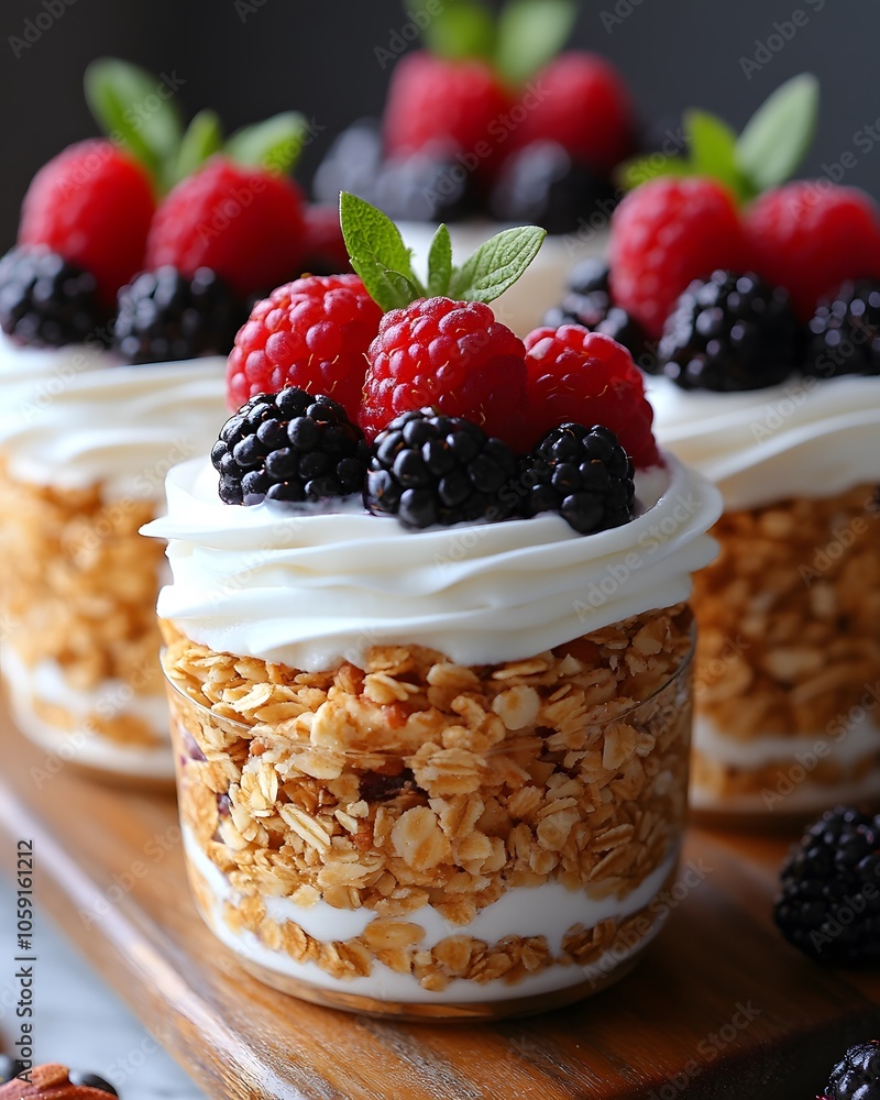A delicious parfait layered with granola, yogurt, and topped with fresh berries. A delicious parfait layered with granola, yogurt, and topped with fresh berries.