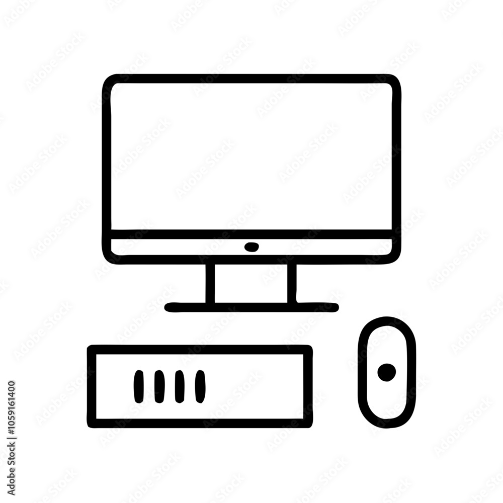 Icon of desktop computer with monitor and mouse in modern design with black outline Icon of desktop computer with monitor and mouse in modern design with black outline
