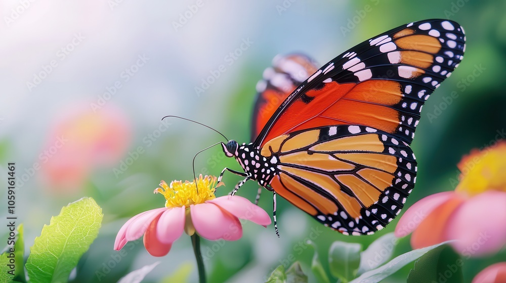 Fototapeta premium A vibrant orange and black butterfly perched delicately on a pink flower, surrounded by lush greenery.