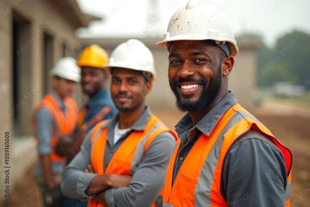 Team of Construction Workers in Professional Clothes and Helmets at a Construction Site outdoors. Group of Smiling Black Builders Men looking at camera Team of Construction Workers in Professional Clothes and Helmets at a Construction Site outdoors. Group of Smiling Black Builders Men looking at camera