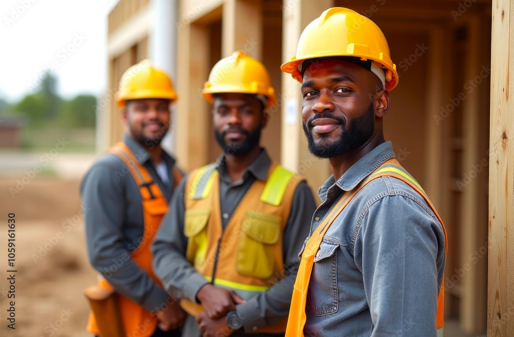 Team of Construction Workers in Professional Clothes and Helmets at a Construction Site outdoors. Group of Smiling Black Builders Men looking at camera Team of Construction Workers in Professional Clothes and Helmets at a Construction Site outdoors. Group of Smiling Black Builders Men looking at camera
