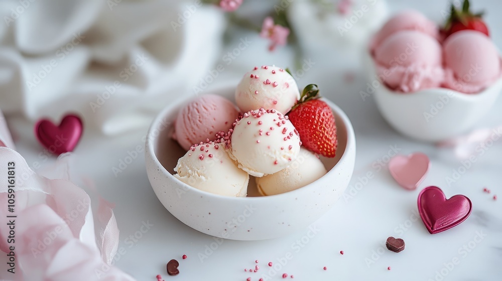 Fototapeta premium Delicious Strawberry and Vanilla Ice Cream Scoops with Heart Decorations