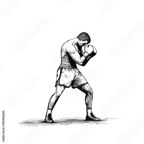 Boxer in a fighting stance black and white illustration