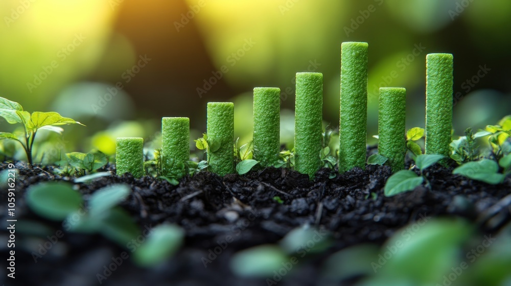 Green bar graph growing out of soil with plants. Green bar graph growing out of soil with plants.