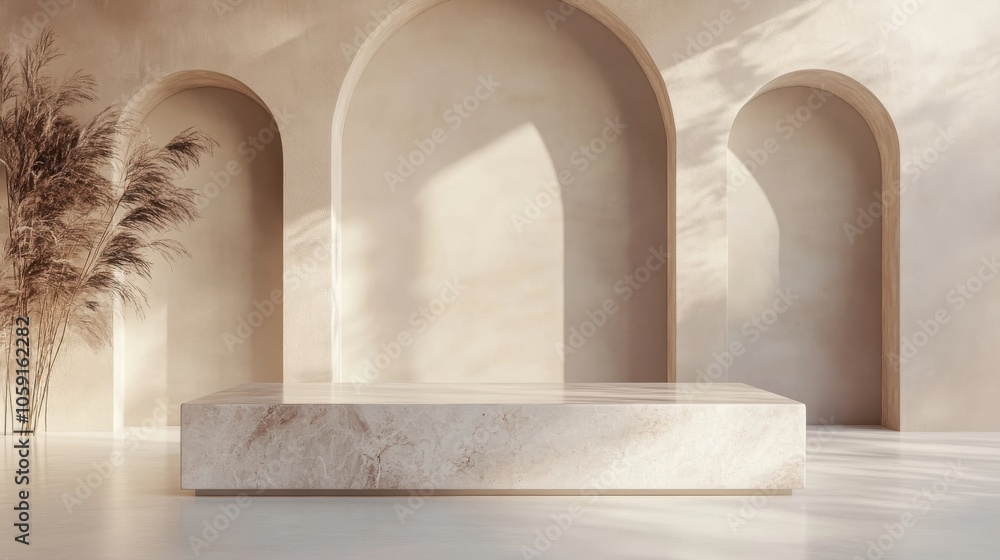 In a roomy hall bathed in sunlight, a marble podium stands against refined arched architecture, making it an excellent choice for luxury product displays or artistic scenery. In a roomy hall bathed in sunlight, a marble podium stands against refined arched architecture, making it an excellent choice for luxury product displays or artistic scenery.