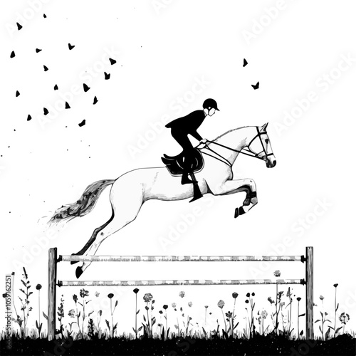 Equestrian jumping a hurdle black and white illustration