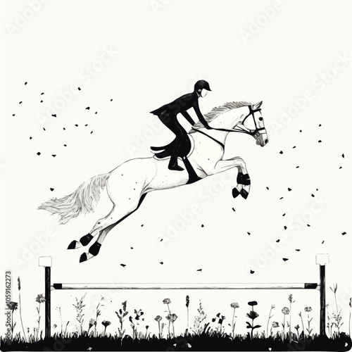 Equestrian jumping a hurdle black and white illustration