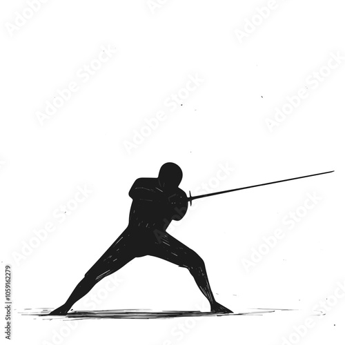 Fencer with sword in combat position black and white illustration