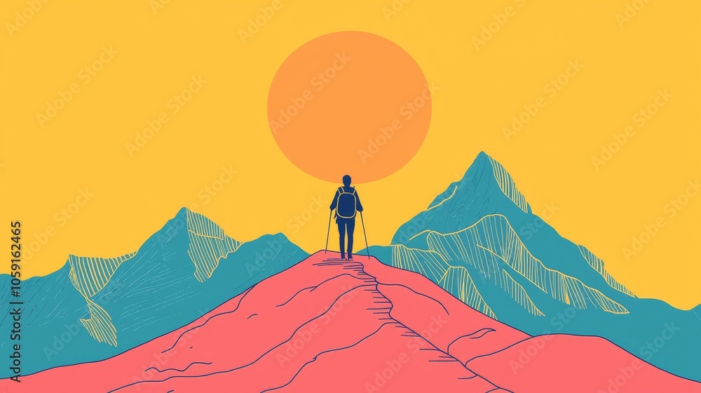 Mountain with a hiker, vibrant line drawing, symbolizing adventure and nature. Mountain with a hiker, vibrant line drawing, symbolizing adventure and nature.
