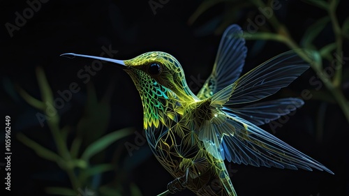 A vibrant hummingbird hovers in mid air displaying its colorful feathers with fine details while surrounded by a dark and lush environment photo