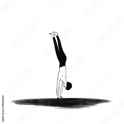 Gymnast performing a backflip black and white illustration