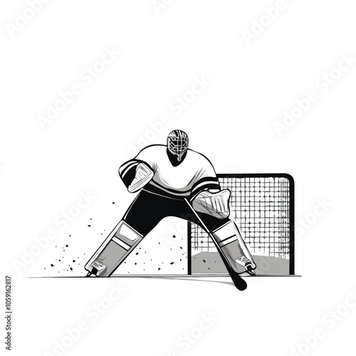 Hockey goalie defending the net black and white illustration