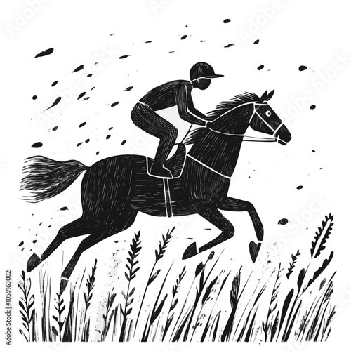 Horse jockey during a race black and white illustration