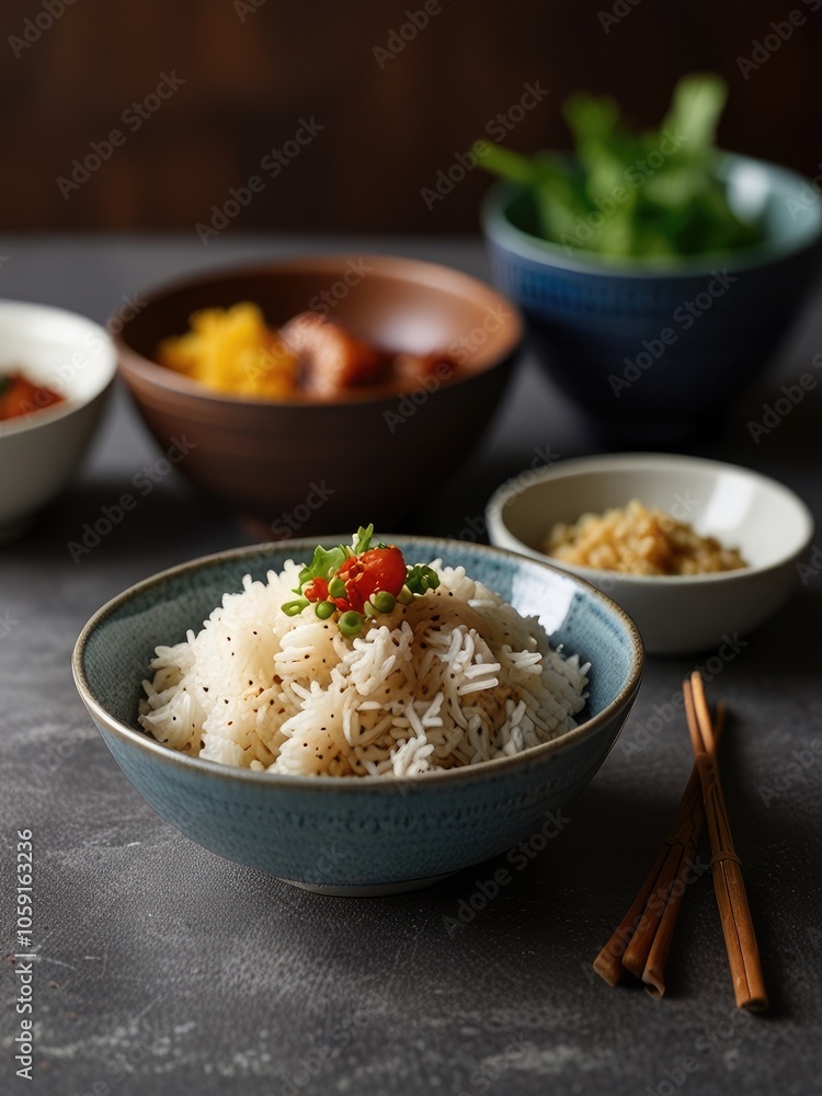 image of rice on a bowl complete with side dishes image of rice on a bowl complete with side dishes