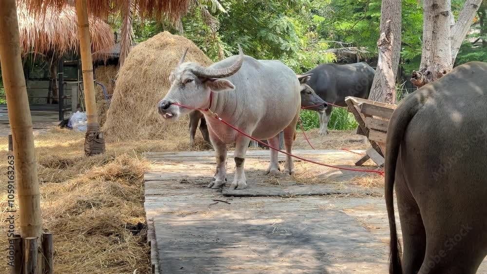 Water buffaloes are relaxing in the barn during the daytime. Water buffaloes are relaxing in the barn during the daytime.