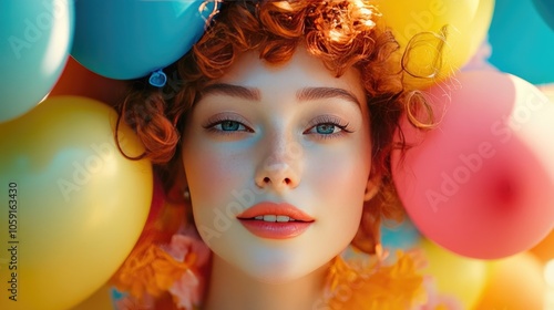 ** Vibrant Portrait of Woman Surrounded by Colorful Balloons in a Joyful Atmosphere