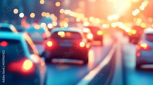 Blurred City Traffic at Sunset Simple Neutral Background with Free Space for Design