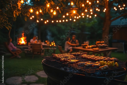 Grilled Food on Barbecue in Backyard Setting with String Lights