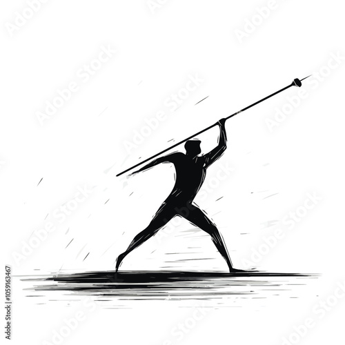 Javelin thrower in action black and white illustration